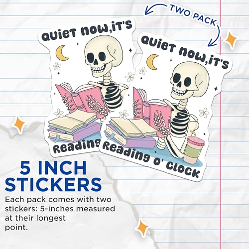 (2 Pack) Book Lover Stickers - Quiet Now It's Reading O' Clock - Skeleton Reading Sticker - Funny Book Stickers - 5" On Longest Side - Sticks to Smooth Flat Surfaces - Made in USA - BMCS7228