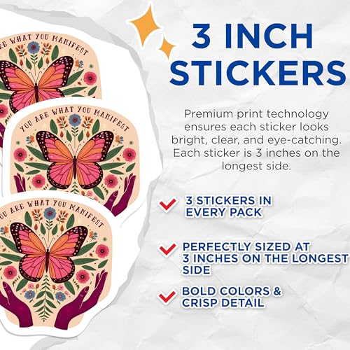 (3 Pack) Manifestation Butterfly Decals - Positive Affirmation - Floral Decals - 3 Inches On Longest Side - Easy Peel & Apply - Made in USA - 3MCS1072