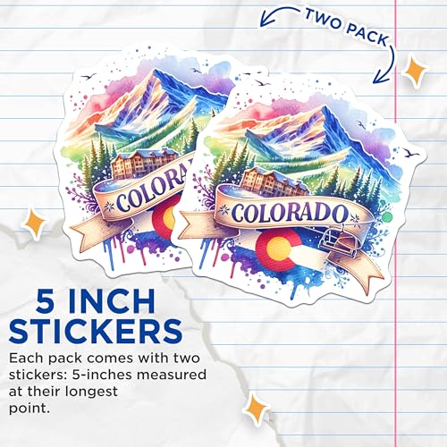 (2 Pack) Colorado Mountain Stickers - Travel Destination Decals - Adventure Outdoor Art Stickers - 5" On Longest Side - Sticks to Smooth Flat Surfaces - Made in USA - BMCS6935