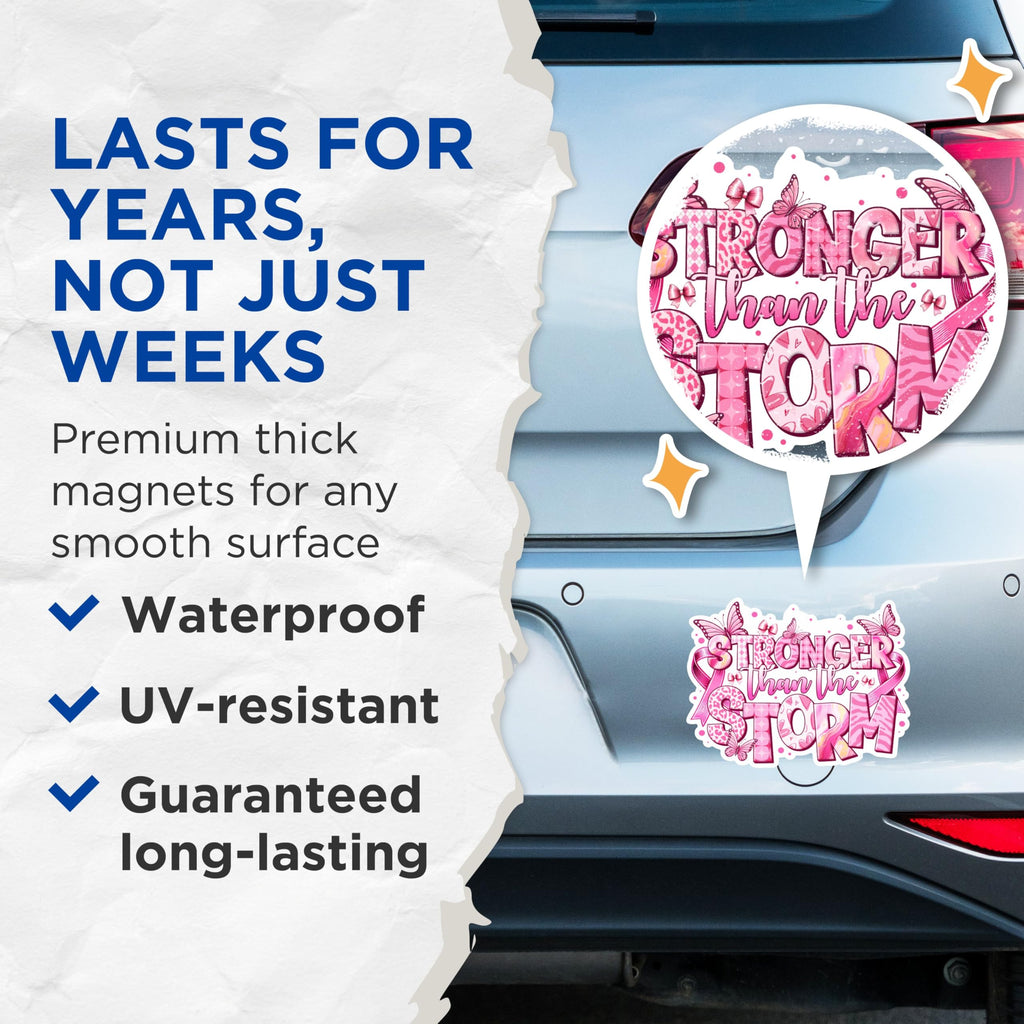 (2 Packs) Stronger Than The Storm Magnets - Breast Cancer Awareness Magnets - 5 Inches On Longest Side - Premium Magnet - for Fridges, Toolboxes, Cars - Made in USA - MAG2436