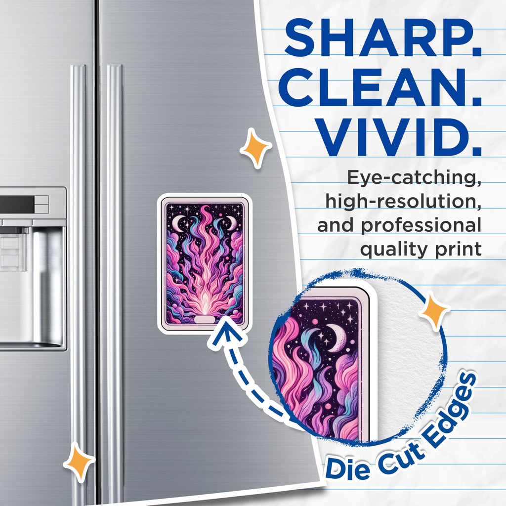 (2 Pack) Ethereal Cosmic Flame Magnets - Mystical Fire Art Decor - Celestial Moon Stars Aesthetic Fridge Locker Magnets - 5 Inches On Longest Side - Thick Durable Magnet - Made in USA - MAG23070