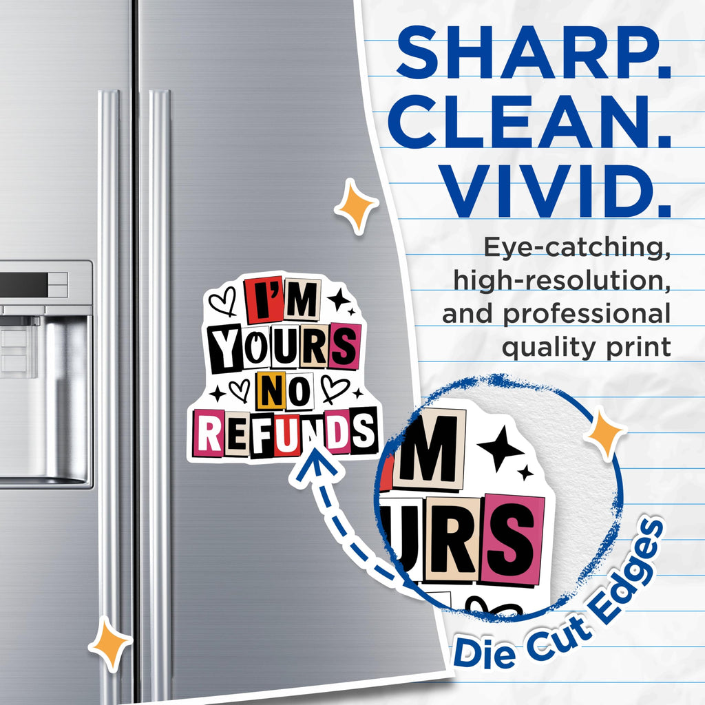 (2 Pack) Im Yours No Refunds Magnets - Funny Relationship Quote - Quirky Love Expression - Romantic Commitment Display Item - 5 Inches On Longest Side - Thick Durable Magnet - Made in USA - MAG22631