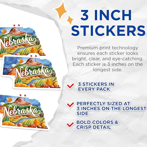 (3 Pack) Nebraska Decals - Watercolor Art Decal - State Pride Sticker- 3 Inches On Longest Side - Easy Peel & Apply - Made in USA - 3MCS5060
