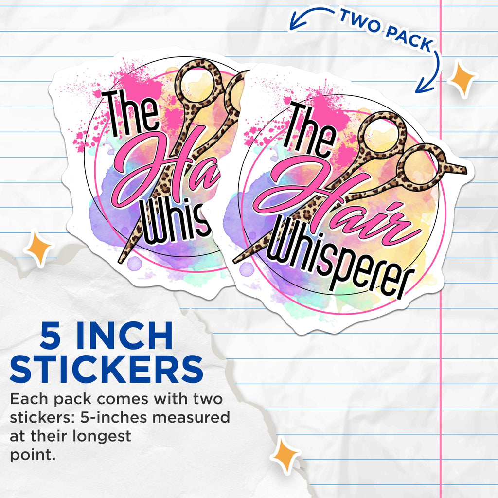 (2 Pack) The Hair Whisperer Stickers - Fun Hair Styling Stickers - Barber Salon Decor Stickers - 5" On Longest Side - Sticks to Any Smooth Flat Surface - Made in USA - BMCS3438