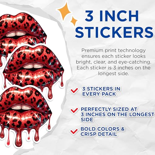 (3 Pack) Leopard Lips Decals - Red Glitter Decal - Dripping Lips Decal - 3 Inches On Longest Side - Easy Peel & Apply - Made in USA - 3MCS0580