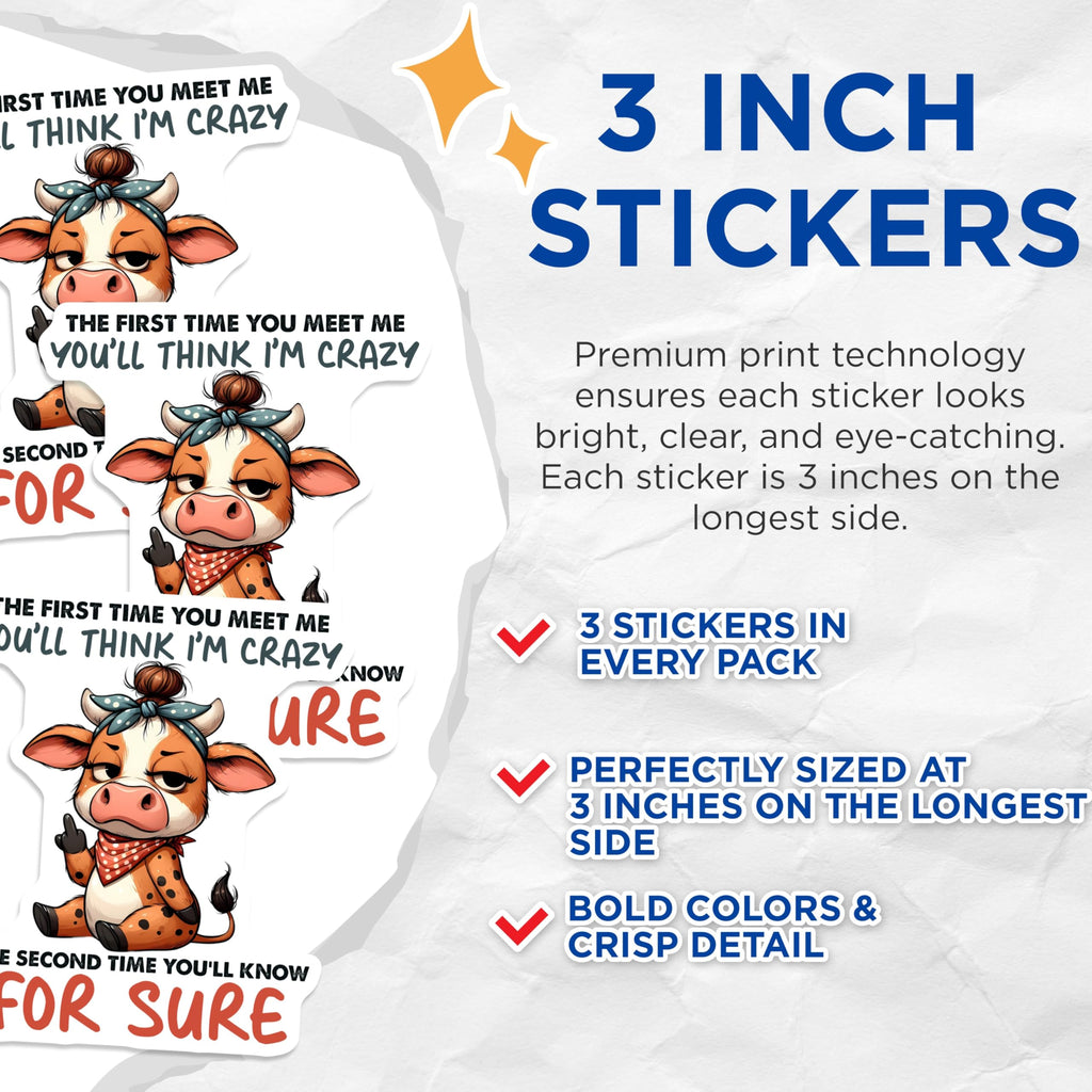 (3 Pack) Crazy Cow Decals - Funny Animal Stickers - Laptop Water Bottle Decal - 3 Inches On Longest Side - Easy Peel & Apply - Made in USA - 3MCS2553