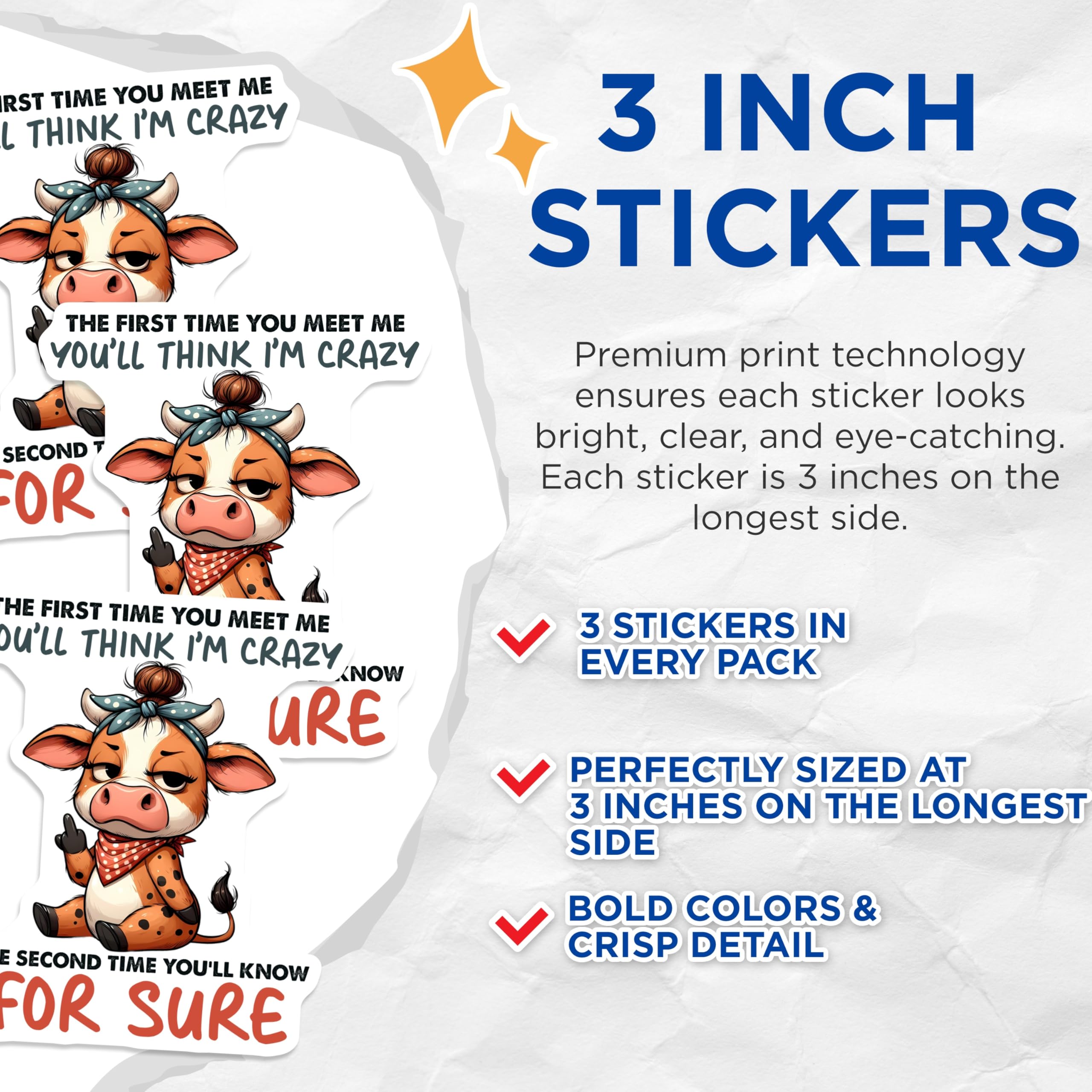 (3 Pack) Crazy Cow Decals - Funny Animal Stickers - Laptop Water Bottle Decal - 3 Inches On Longest Side - Easy Peel & Apply - Made in USA - 3MCS2553