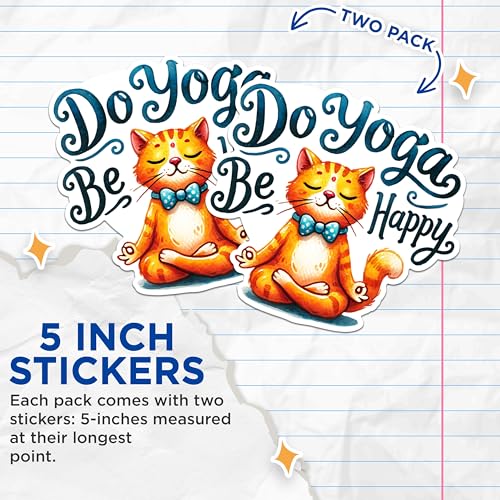 (2 Packs) Do Yoga Be Happy Cat Meditating Stickers - Meditation Cat Decals - 5 Inches On Longest Side - Premium Vinyl Decal - Sticks to Any Smooth Flat Surface - Made in USA - BMCS2430