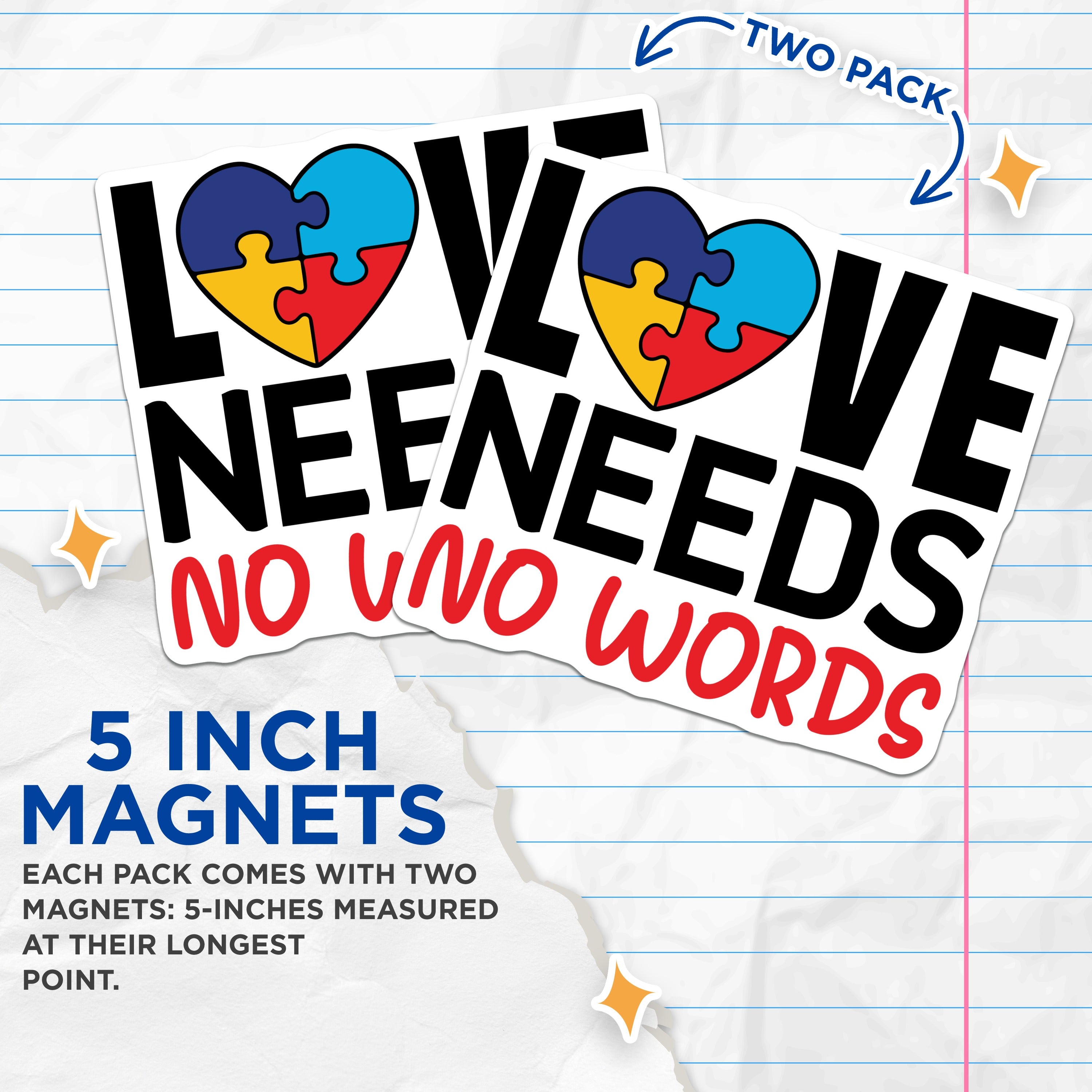 (2 Pack) Autism Awareness Magnets - Neurodiversity Acceptance Fridge Decor - Love Needs No Words Message - 5 Inches On Longest Side - Thick Durable Magnet - Made in USA - MAG39872
