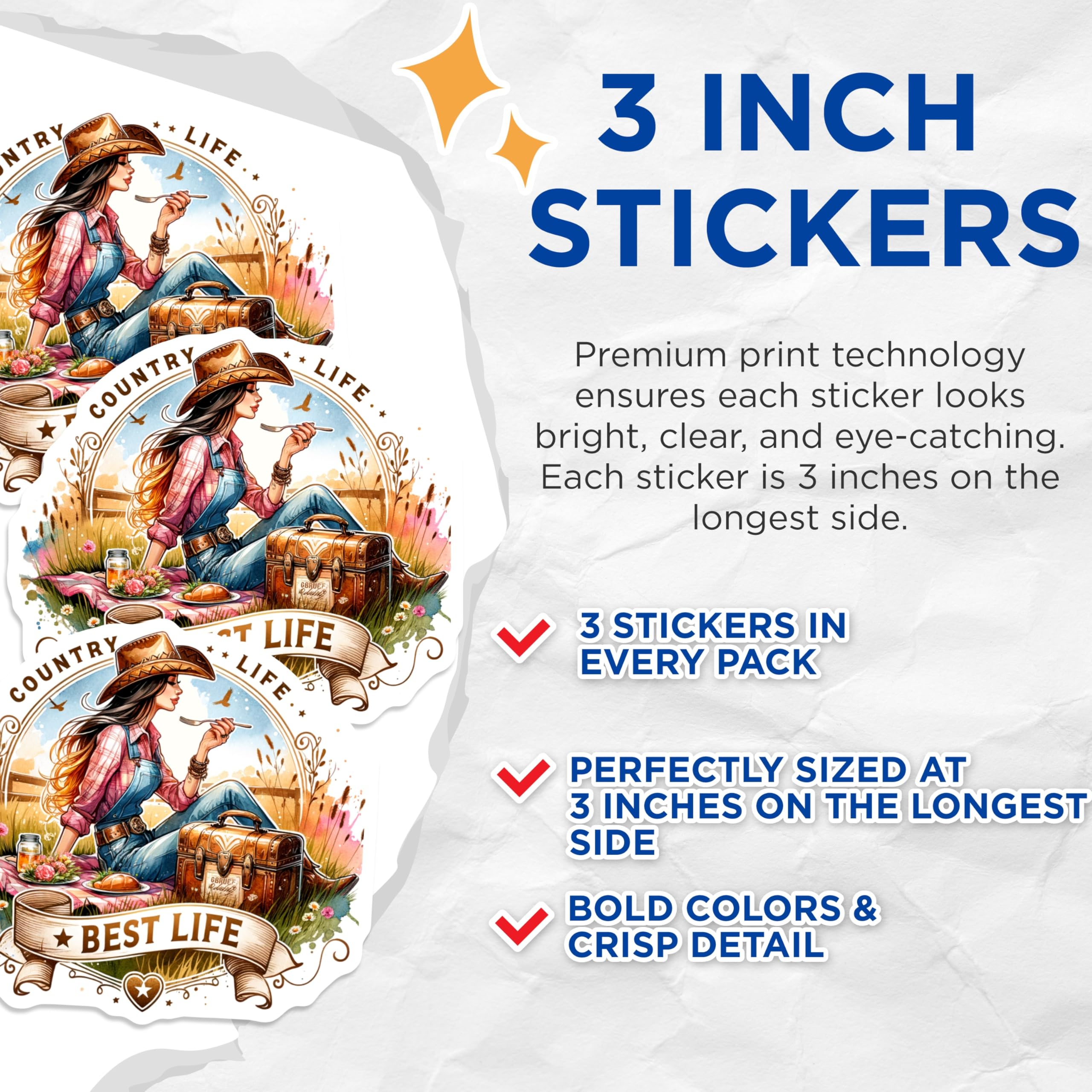 (3 Pack) Cowgirl Country Life Decals - Southern Living - Laptop Decals- 3 Inches On Longest Side - Easy Peel & Apply - Made in USA - 3MCS5318