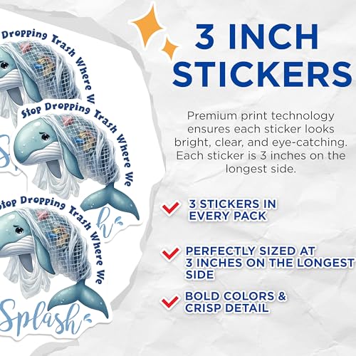 (3 Pack) Whale Decals - Stop Dropping Trash - Ocean Pollution Awareness - 3 Inches On Longest Side - Easy Peel & Apply - Made in USA - 3MCS6712