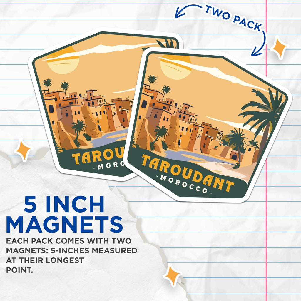 (2 Pack) Taroudant Magnets - Morocco Travel Souvenir - North African City Decor - 5 Inches On Longest Side - Thick Durable Magnet - Made in USA - MAG19880