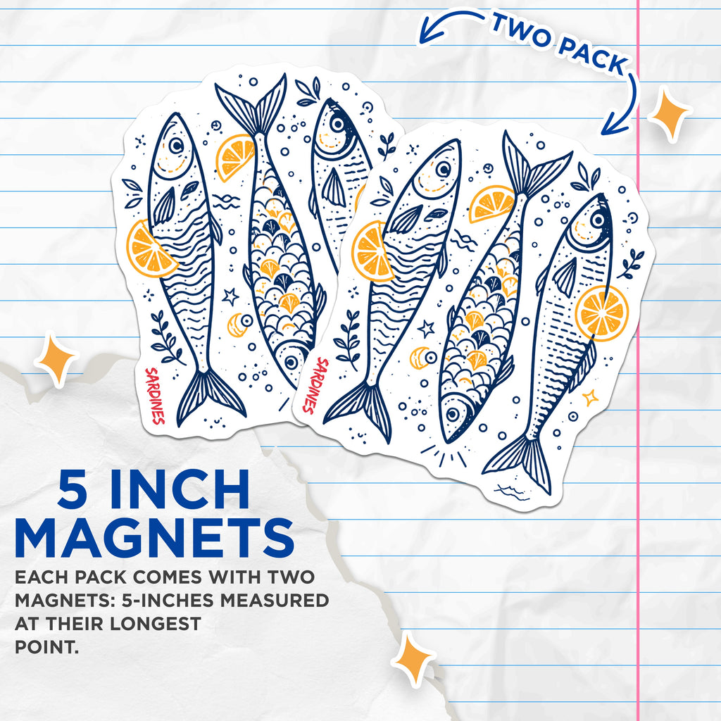 (2 Pack) Sardines Magnets - Mediterranean Kitchen Decor - Nautical Fish Fridge Art - 5 Inches On Longest Side - Thick Durable Magnet - Made in USA - MAG38486