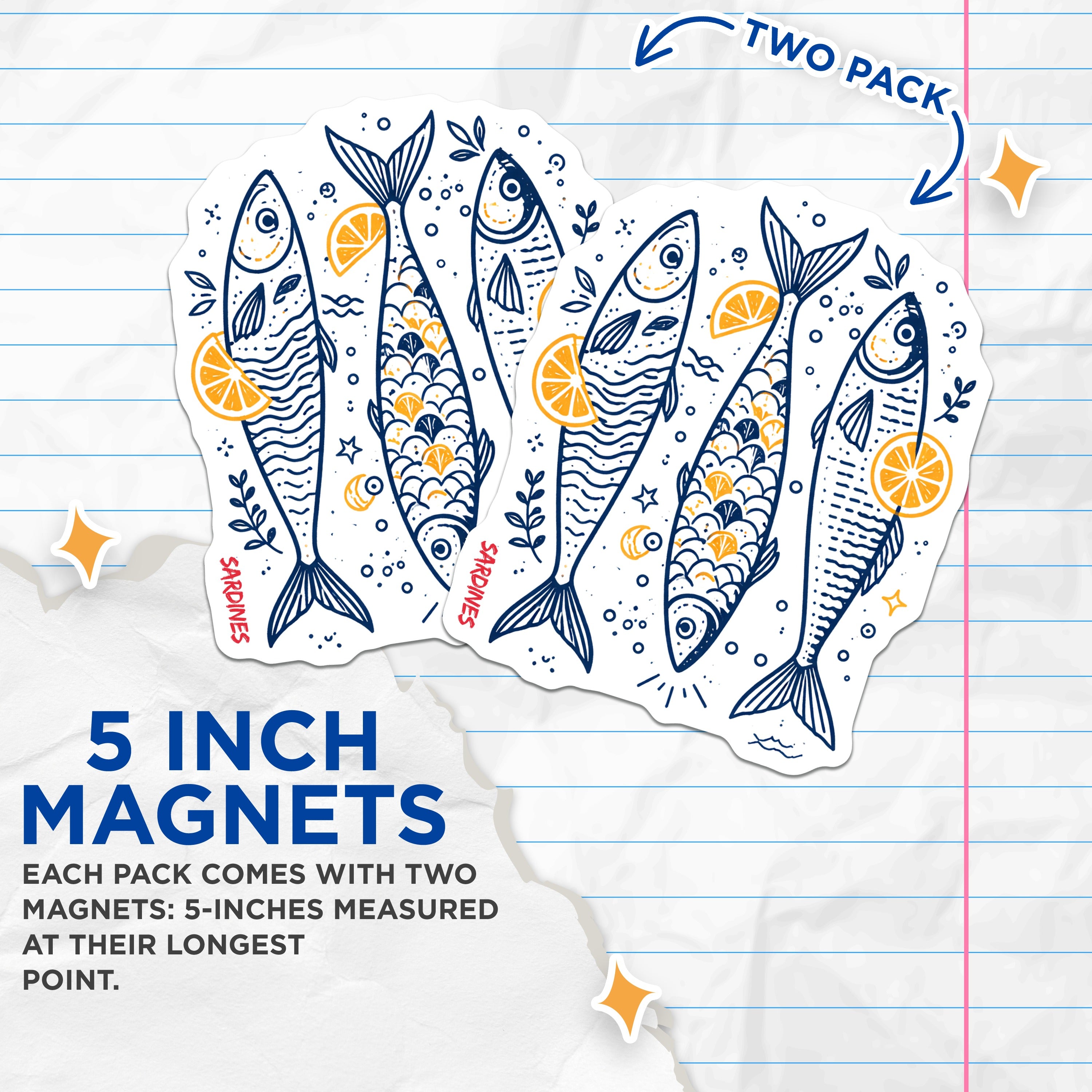 (2 Pack) Sardines Magnets - Mediterranean Kitchen Decor - Nautical Fish Fridge Art - 5 Inches On Longest Side - Thick Durable Magnet - Made in USA - MAG38486
