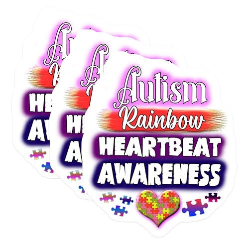 (3 Pack) Autism Awareness Decals - Puzzle Heartbeat Rainbow - Laptop Decal- 3 Inches On Longest Side - Easy Peel & Apply - Made in USA - 3MCS5345