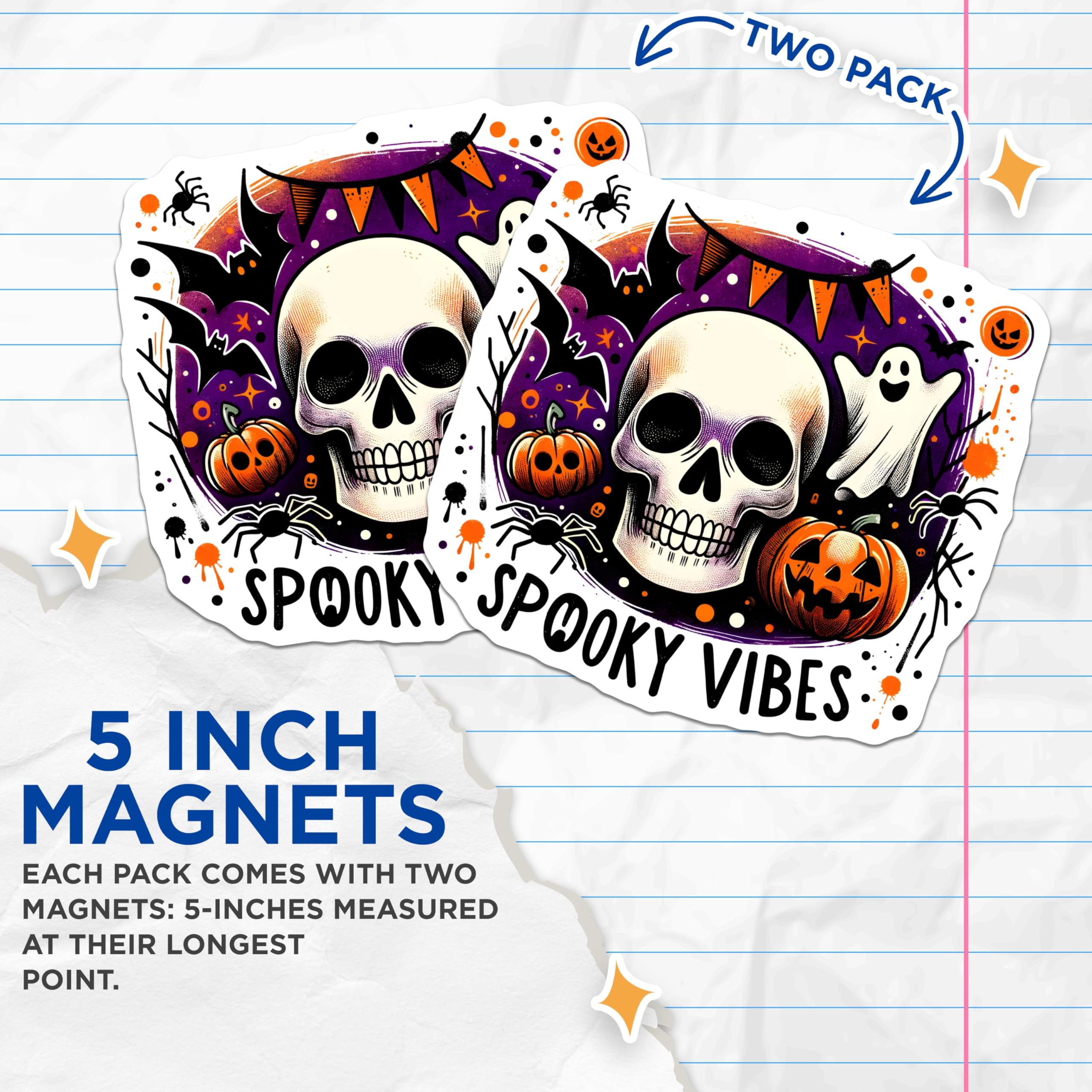 (2 Pack) Spooky Vibes Magnets - Halloween Skull - Ghost Spider and Pumpkin Magnets - 5" On Longest Side - Premium Magnet - for Cars, Refrigerators, Toolboxes, Lockers - Made in USA - MAG15387