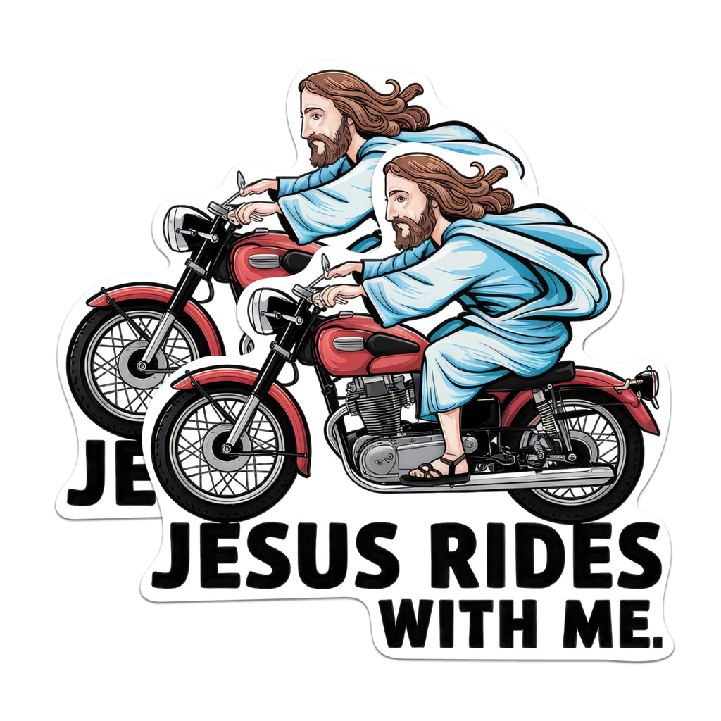 (2 Pack) Jesus Rides with Me Magnets - Jesus On Motorcycle Magnet -Christian Biker Jesus - 5 Inches On Longest Side - Premium Vinyl - for Cars, Refrigerators, Toolboxes - Made in USA - MAG2087