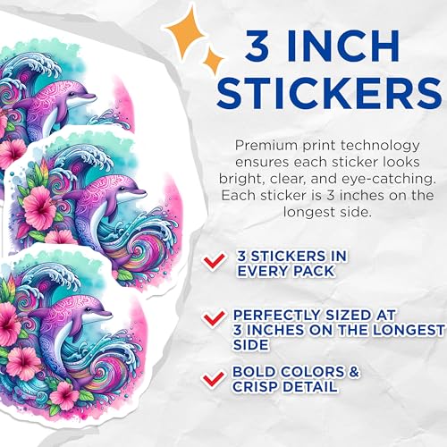 (3 Pack) Dolphin Decals - Tropical Flowers - Laptop Decal - 3 Inches On Longest Side - Easy Peel & Apply - Made in USA - 3MCS8241