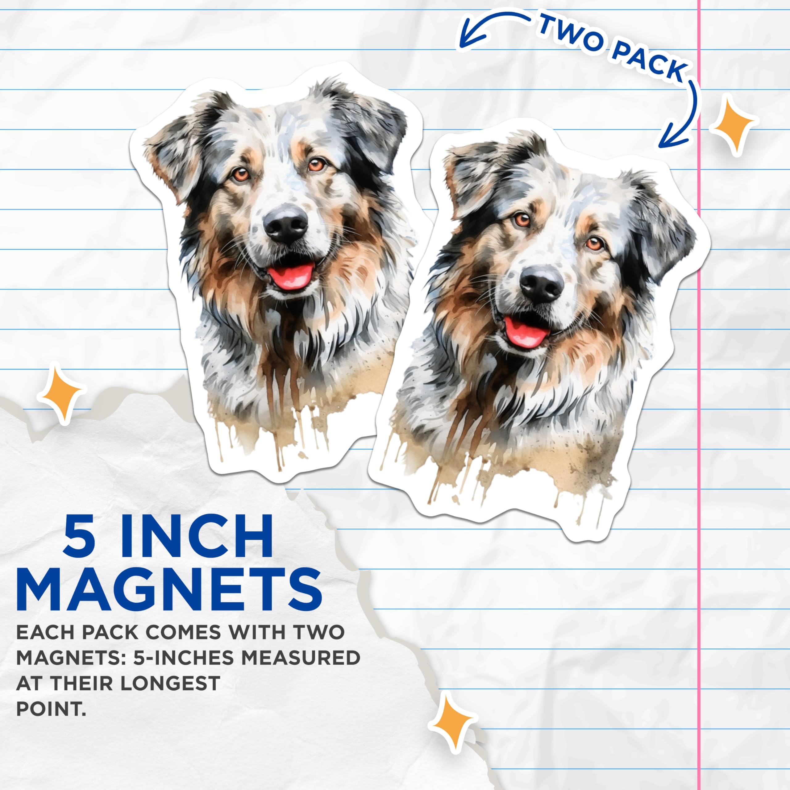 (2 Pack) Australian Shepherd Magnets - Watercolor Dog Art - Pet Lover Fridge Decor - 5 Inches On Longest Side - Thick Durable Magnet - Made in USA - MAG28431