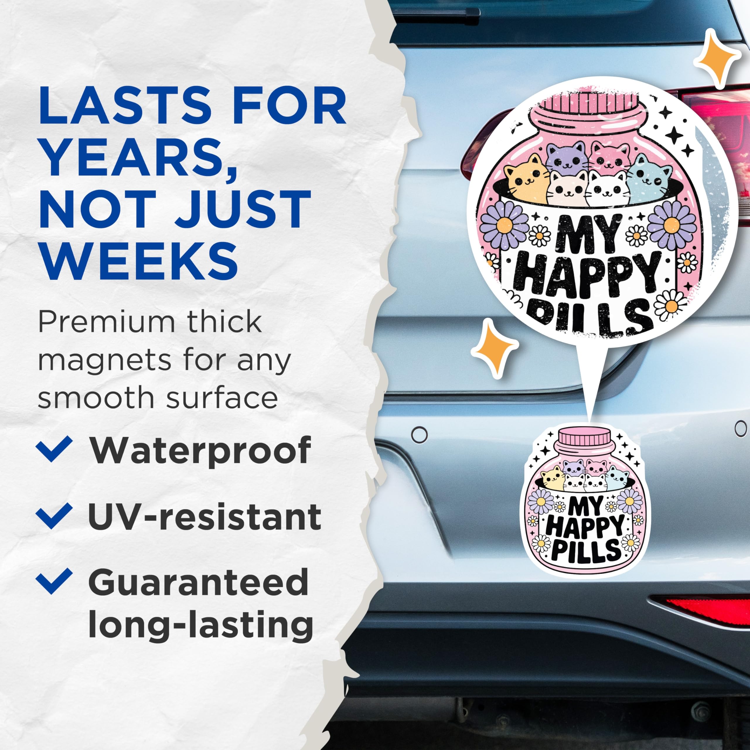 (2 Pack) Happy Pills Cats Magnets - Cute Kitten Bottle Decor - Whimsical Mental Health Art - Unique Pet Lover Present - 5 Inches On Longest Side - Thick Durable Magnet - Made in USA - MAG21046