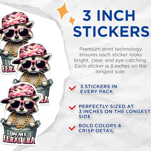(3 Pack) Raccoon in My Feral Era Decals - Laptop Decal - Funny Raccoon Decals - 3 Inches On Longest Side - Easy Peel & Apply - Made in USA - 3MCS0270