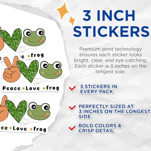 (3 Pack) Peace Love Frog Decals - Cute Froggy Laptop Decals - Green Heart Stickers- 3 Inches On Longest Side - Easy Peel & Apply - Made in USA - 3MCS5500
