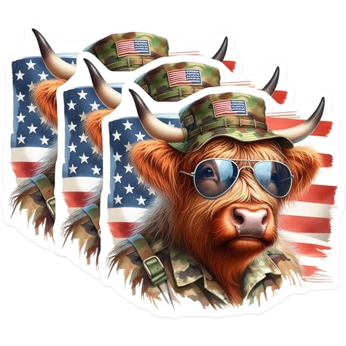(3 Pack) Patriotic Highland Cow Decals - USA Flag - Military Animal Decal- 3 Inches On Longest Side - Easy Peel & Apply - Made in USA - 3MCS5133