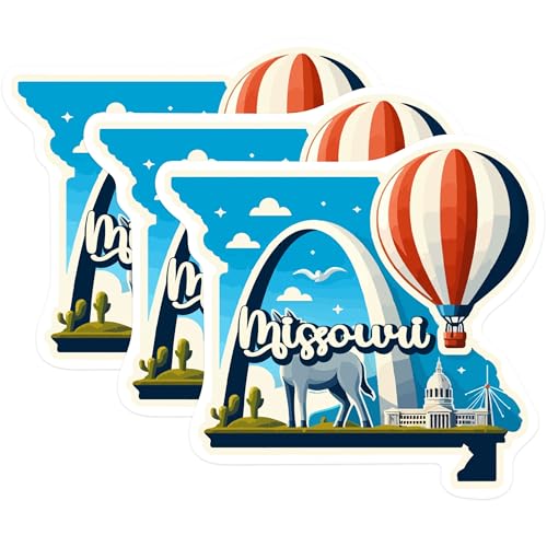(3 Pack) Missouri Decals - State Landmarks - Hot Air Balloon Laptop Decal - 3 Inches On Longest Side - Easy Peel & Apply - Made in USA - 3MCS0148