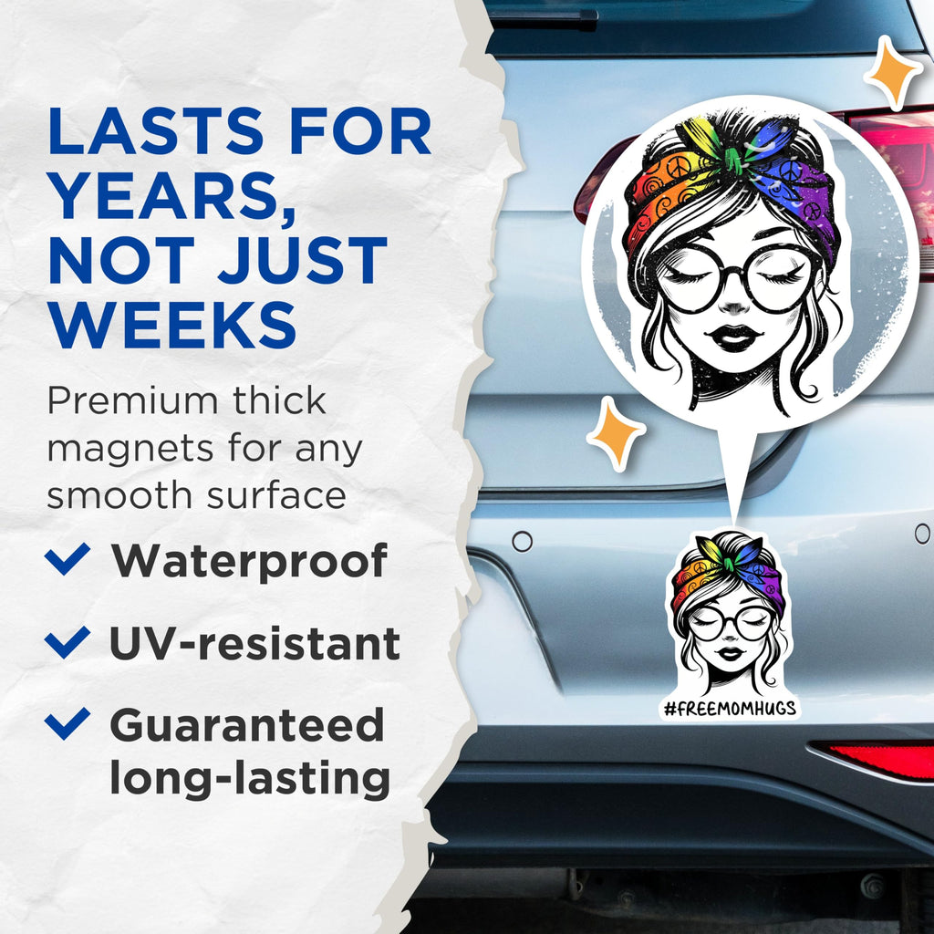 (2 Pack) Free Mom Hugs Magnets - Pride Support - LGBTQ Ally - Equality - Rainbow Love - 5" On Longest Side - for Cars, Fridges, Toolboxes - Made in USA - MAG8285