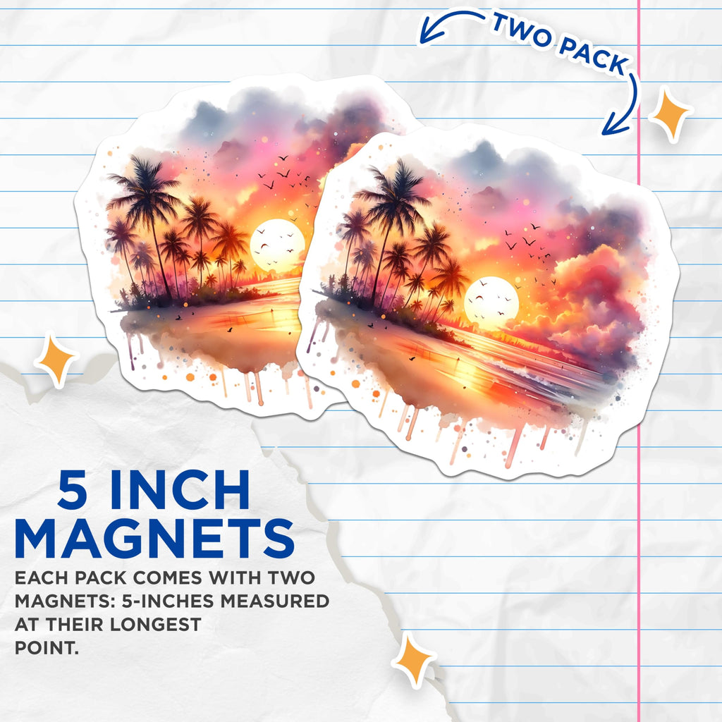 (2 Pack) Tropical Beach Sunset Magnets - Palm Tree Art - Summer Home Decor - 5" On Longest Side - Premium Magnet - for Cars, Refrigerators, Toolboxes, Lockers - Made in USA - MAG14122
