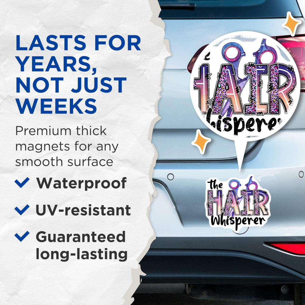 (2 Pack) The Hair Whisperer Magnets - Hair Dresser Decor - Salon Fridge Accessories - 5" On Longest Side - for Cars, Fridges, Toolboxes - Made in USA - MAG7570