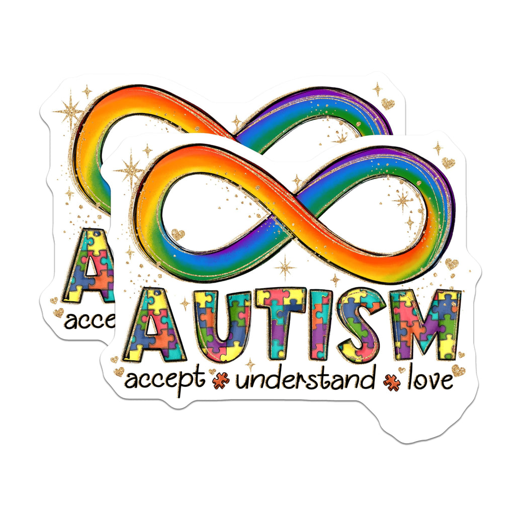 (2 Pack) Autism Aware Stickers - Rainbow Infinity Stickers - Accept Understand Love Decal - 5" On Longest Side - Sticks to Smooth Flat Surfaces - Made in USA - BMCS4156