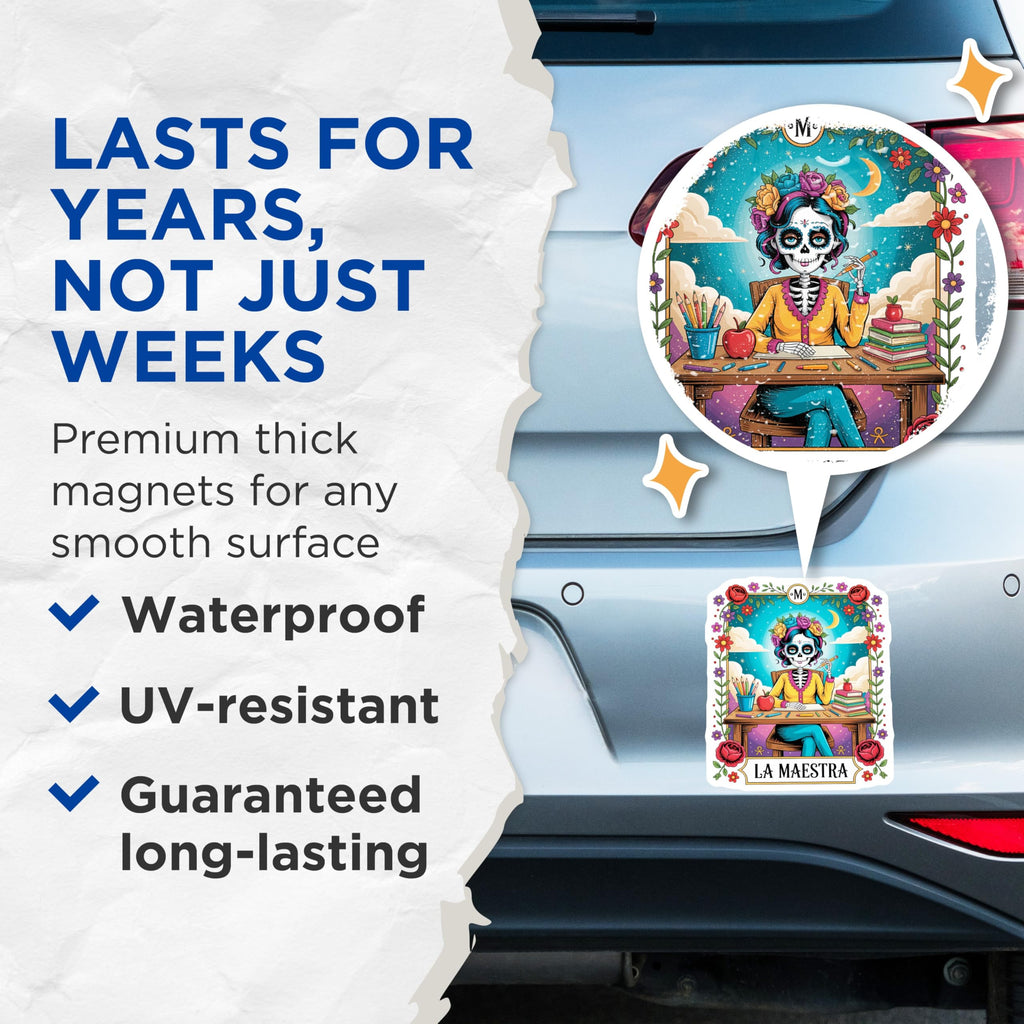 (2 Pack) La Maestra Magnets - Dia de Los Muertos Teacher - Calavera Folk Art Decor - 5 Inches On Longest Side - Thick Durable Magnet - Made in USA - MAG23018
