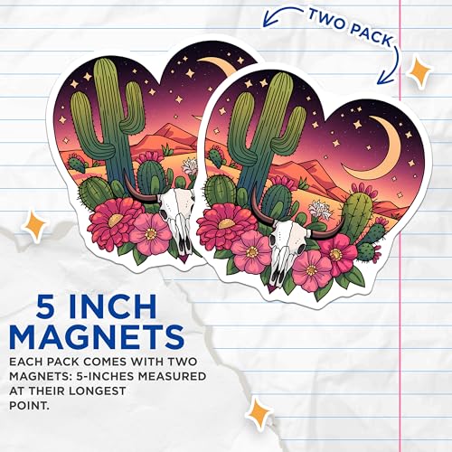 (2 Pack) Cactus Skull Art Magnet - Southwestern Decor - 5" On Longest Side - Sticks to Smooth Flat Surfaces - Made in USA - MAG9622
