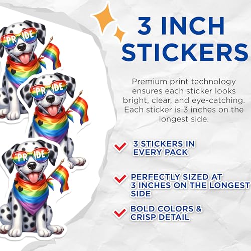 (3 Pack) Pride Dalmatian Decals - Dog with Rainbow - LGBTQ Pride Stickers- 3 Inches On Longest Side - Easy Peel & Apply - Made in USA - 3MCS5307