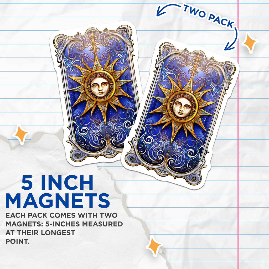 (2 Pack) Celestial Sun Magnets - Tarot Card Aesthetic - Witchy Kitchen Decor - Mystical Art for Fridge - 5 Inches On Longest Side - Thick Durable Magnet - Made in USA - MAG38284
