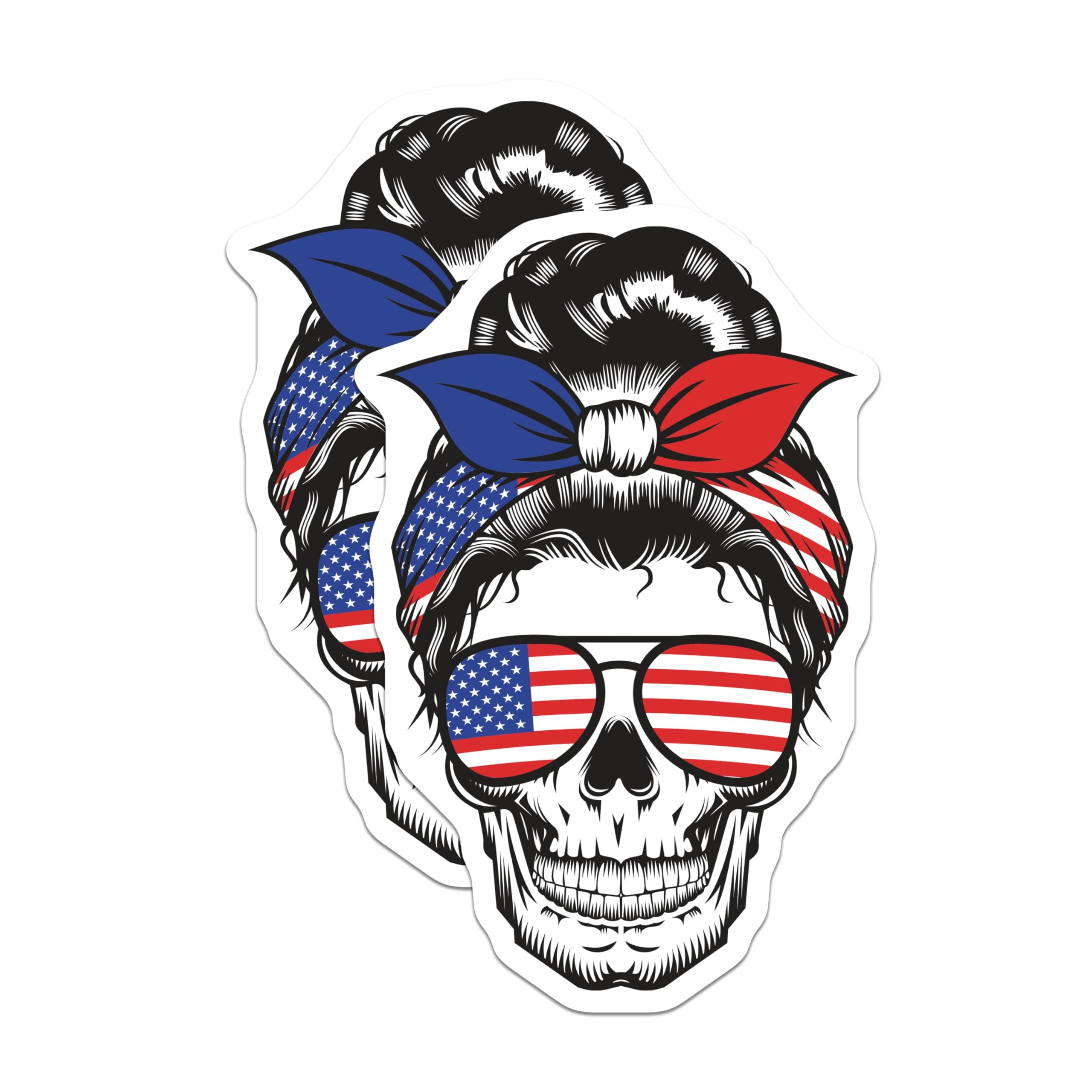(2 Pack) Patriotic Skull Magnets - American Flag - Messy Bun Accessories - 5" On Longest Side - Premium Magnet - for Cars, Refrigerators, Toolboxes, Lockers - Made in USA - MAG17475