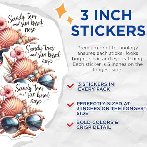 (3 Pack) Beach Vibes Decals - Sandy Toes - Summer Time Decals - 3 Inches On Longest Side - Easy Peel & Apply - Made in USA - 3MCS8047