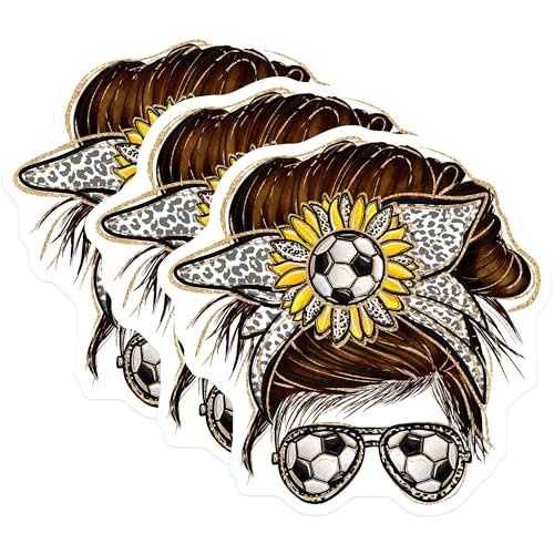 (3 Pack) Soccer Mom Decals - Messy Bun Sunflower - Soccer Ball Sunglasses Decal - 3 Inches On Longest Side - Easy Peel & Apply - Made in USA - 3MCS4959