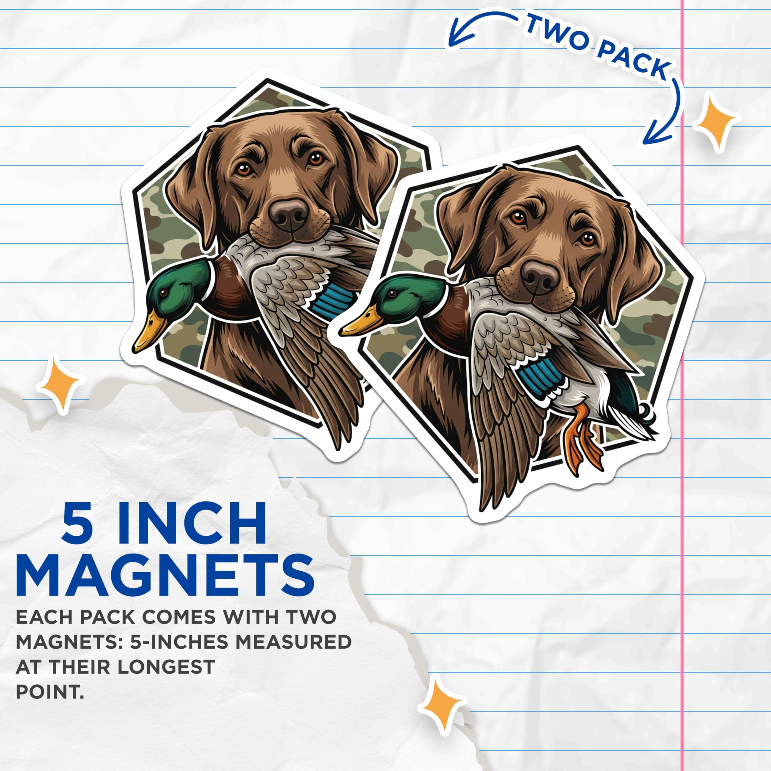 (2 Pack) Labrador Duck Hunting Magnets - Dog Breed Art - Camouflage Decor for Fridge - 5" On Longest Side - Premium Magnet - for Cars, Refrigerators, Toolboxes, Lockers - Made in USA - MAG17414