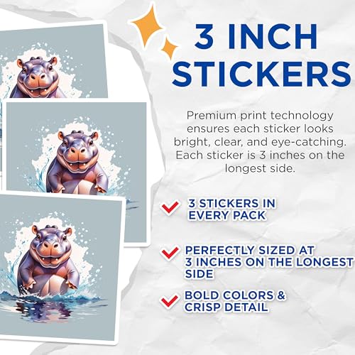 (3 Pack) Hippopotamus Decals - Cute Hippo - Laptop Decals - 3 Inches On Longest Side - Easy Peel & Apply - Made in USA - 3MCS7464