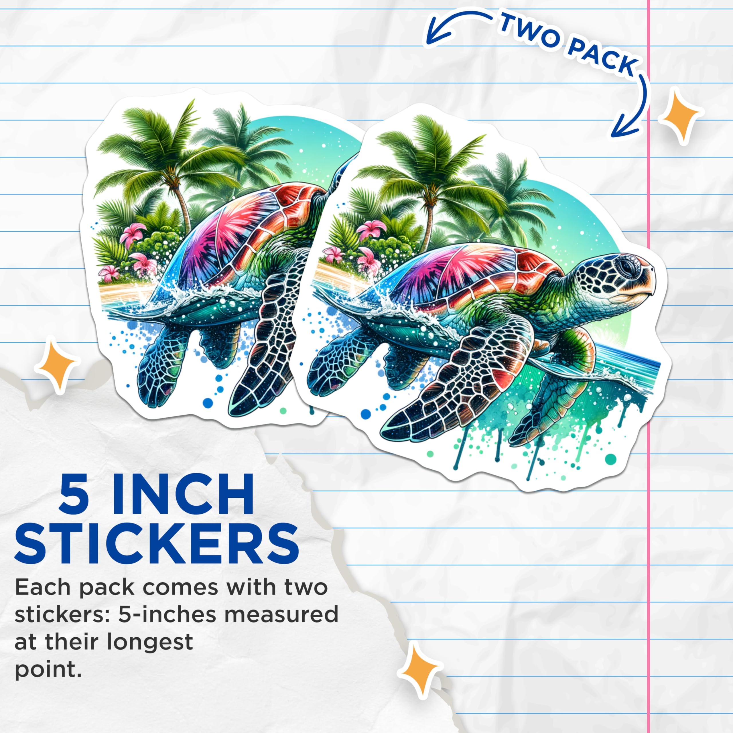 (2 Pack) Sea Turtle Stickers - Beach Life - Ocean Animal Art - 5" On Longest Side - Sticks to Smooth Flat Surfaces - Made in USA - BMCS9207