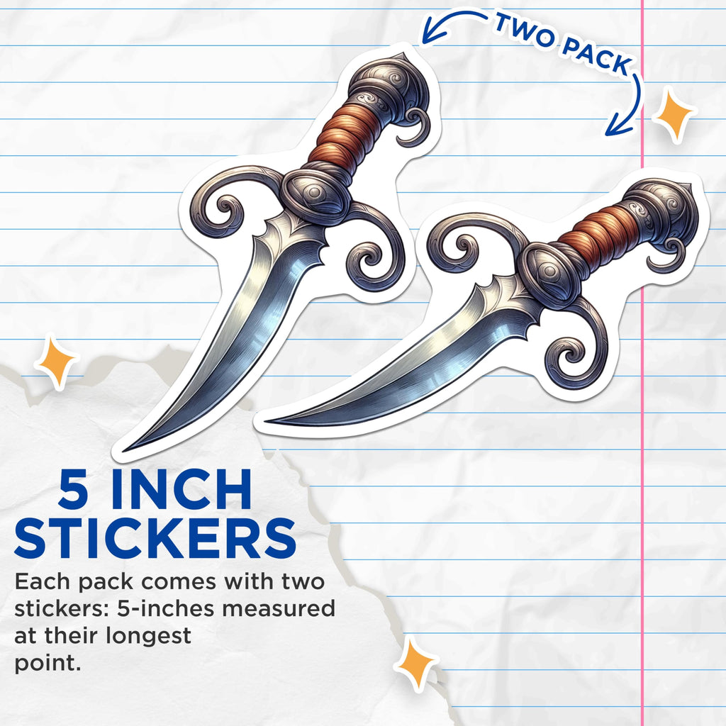 (2 Pack) Fantasy Dagger Stickers - Cool Knife Art - Medieval Weapon - 5" On Longest Side - Sticks to Smooth Flat Surfaces - Made in USA - BMCS6703