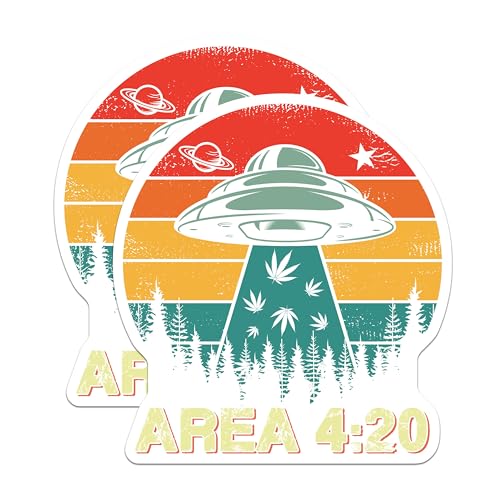 (2 Pack) Area 420 Stickers - UFO Alien Theme - Retro Cannabis Design - 5" On Longest Side - Sticks to Smooth Flat Surfaces - Made in USA - BMCS5967