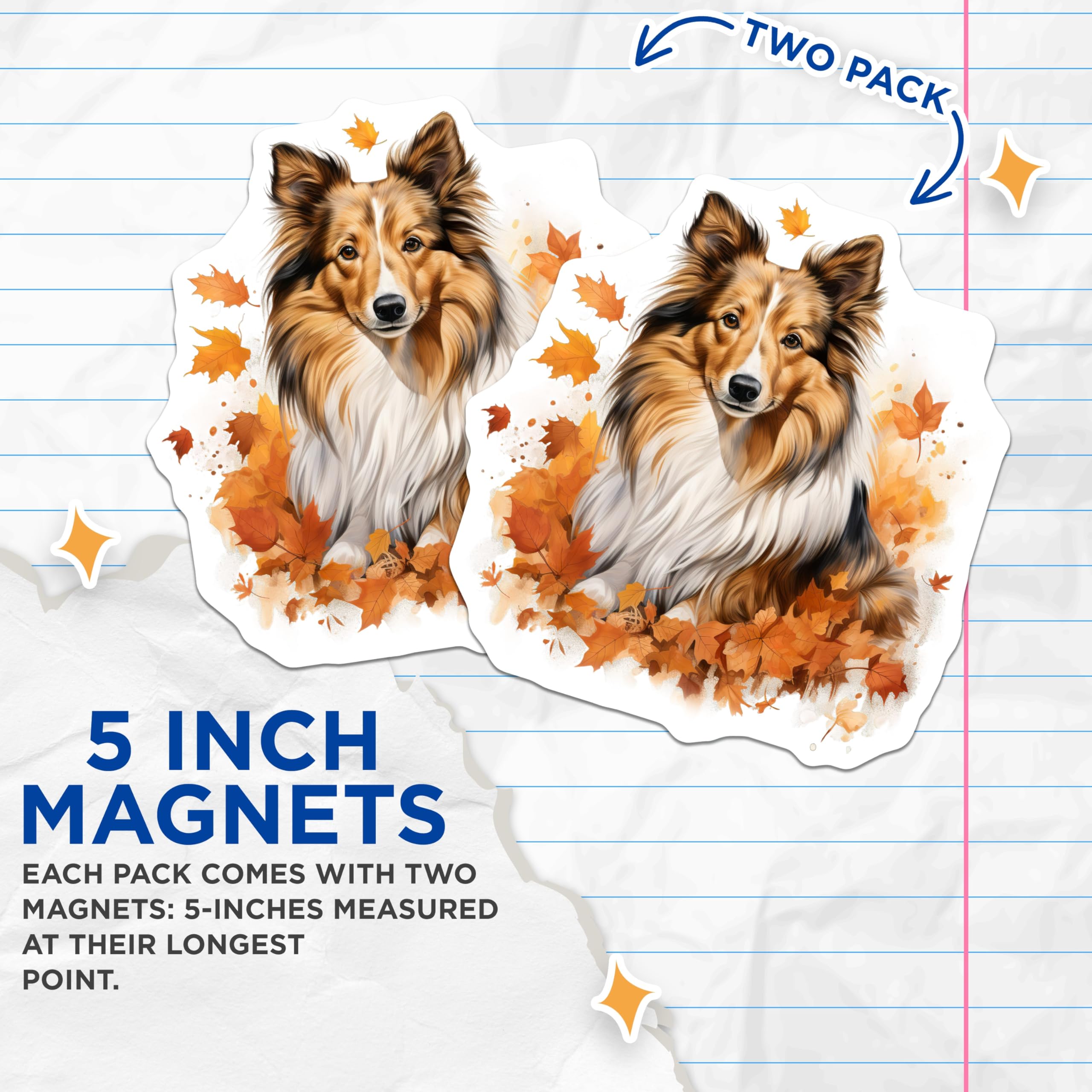 (2 Pack) Shetland Sheepdog Magnets - Autumn Fall Sheltie Dog Lover Decor - Pet Refrigerator Accessory - 5 Inches On Longest Side - Thick Durable Magnet - Made in USA - MAG28205