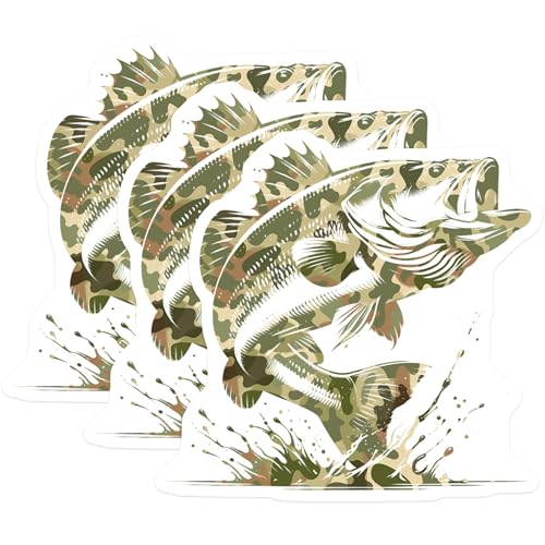 (3 Pack) Bass Fish Decals - Camo Fishing Decal - Laptop Sticker - 3 Inches On Longest Side - Easy Peel & Apply - Made in USA - 3MCS7355