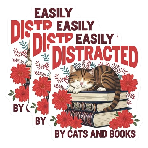 (3 Pack) Cat Books Decals - Easily Distracted - Book Lover Laptop Decal - 3 Inches On Longest Side - Easy Peel & Apply - Made in USA - 3MCS8394