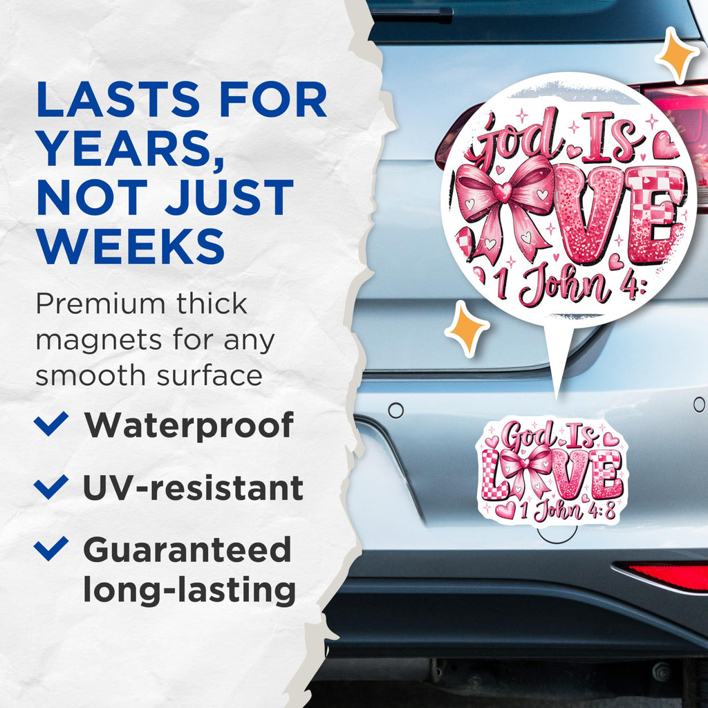 (2 Pack) God is Love Magnets - 1 John 4 8 Scripture Decor - Christian Faith Inspiration - Pink Heart Valentine Art - 5 Inches On Longest Side - Thick Durable Magnet - Made in USA - MAG19622