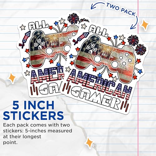 (2 Pack) All American Gamer Stickers - Patriotic Gaming Decals - USA Flag Video Game Stickers - 5" On Longest Side - Sticks to Any Smooth Flat Surface - Made in USA - BMCS3096