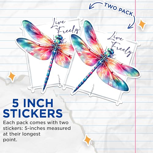 (2 Pack) Live Freely Dragonfly Stickers - Inspirational Quote Stickers - Nature Art Stickers - 5" On Longest Side - Sticks to Any Smooth Flat Surface - Made in USA - BMCS2678